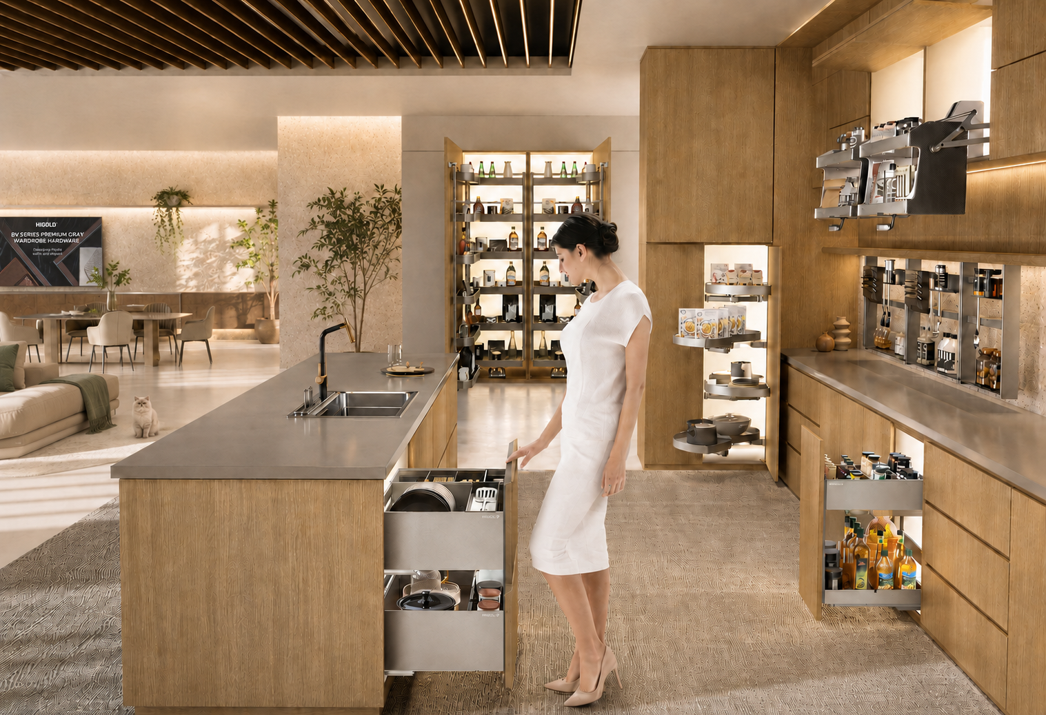 HIGOLD kitchen storage hardware environment with labelled pantry, corner, overhead, drawer and underbench storage systems